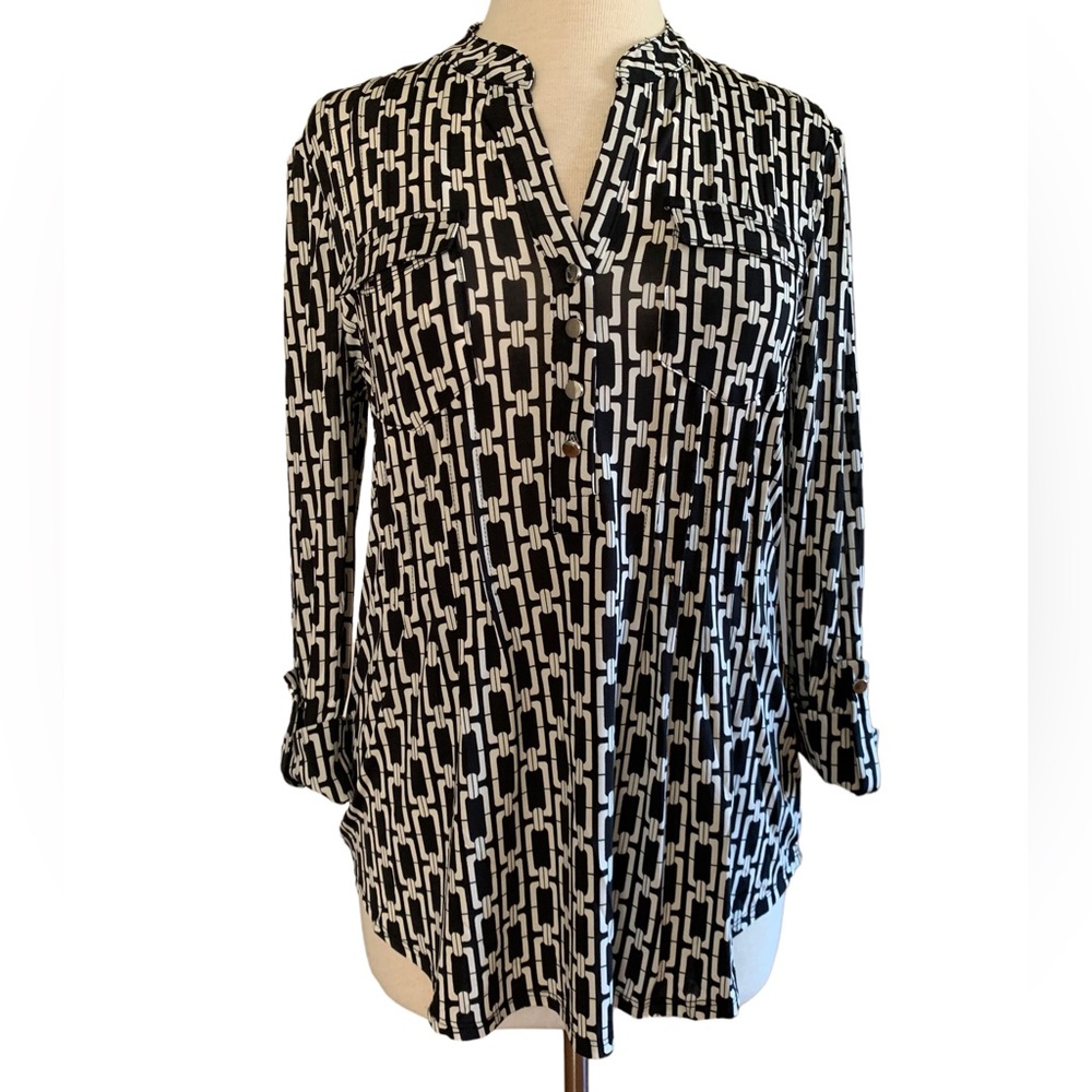 COCOMO XL Black White 3/4 sleeve women’s Pintuck Blouse tunic top shirt - Picture 4 of 15
